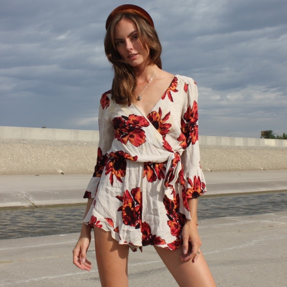 Free People Red & Cream Floral Romper